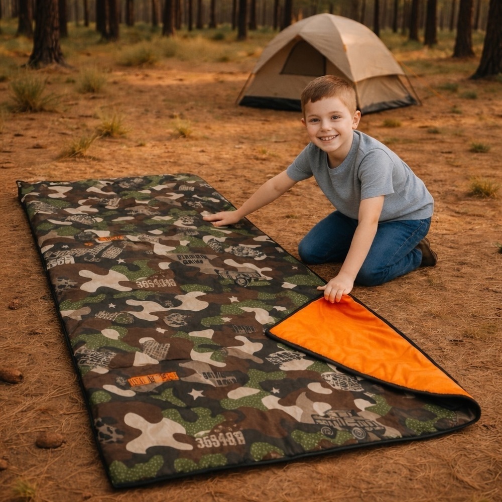 Kids Sleeping Bag Camouflage Youth Camping Lightweight Army Green Orange 56x26”